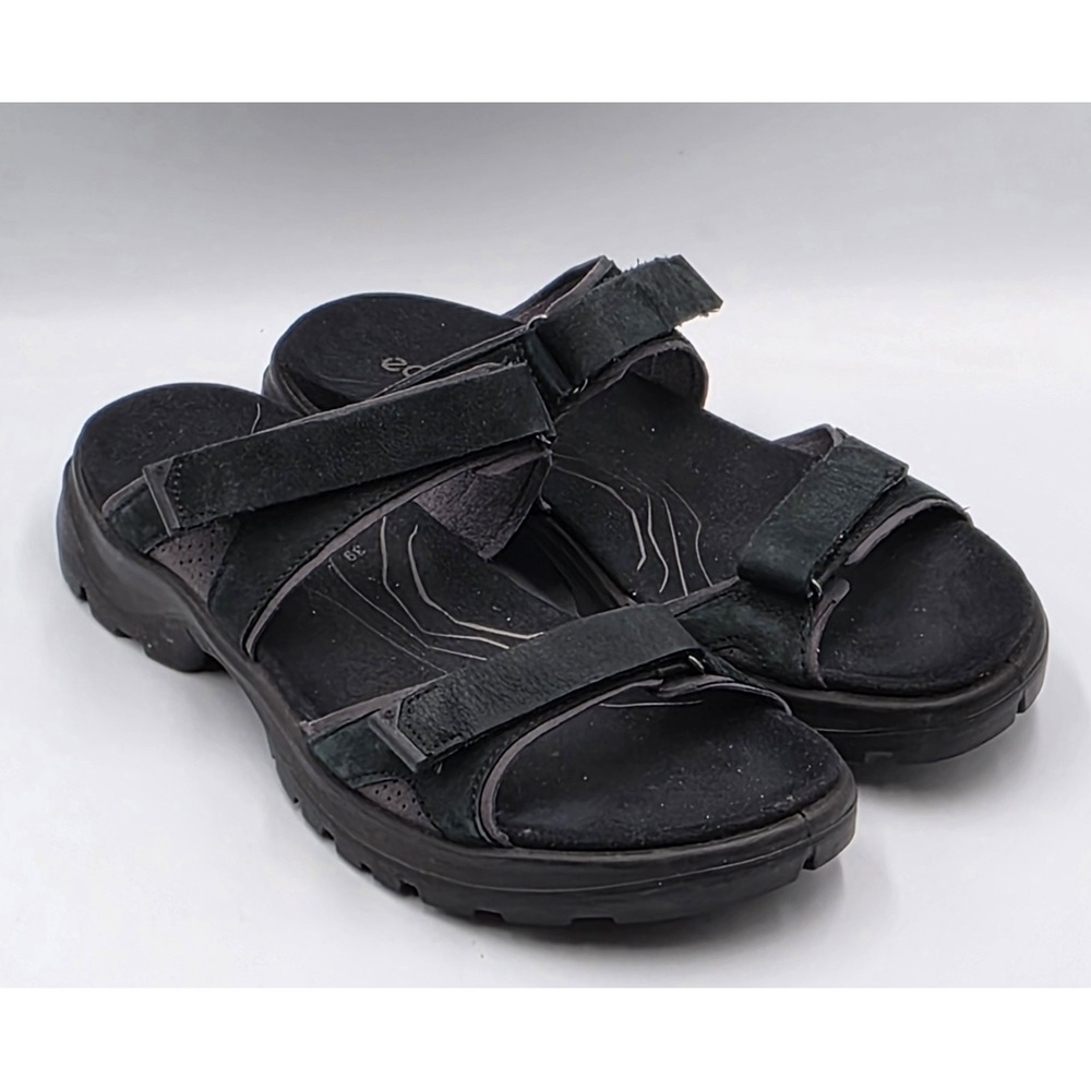 Ecco Offroad Black Leather Slide Sport Sandals Women 8-8.5 Slip On Hiking Gorp